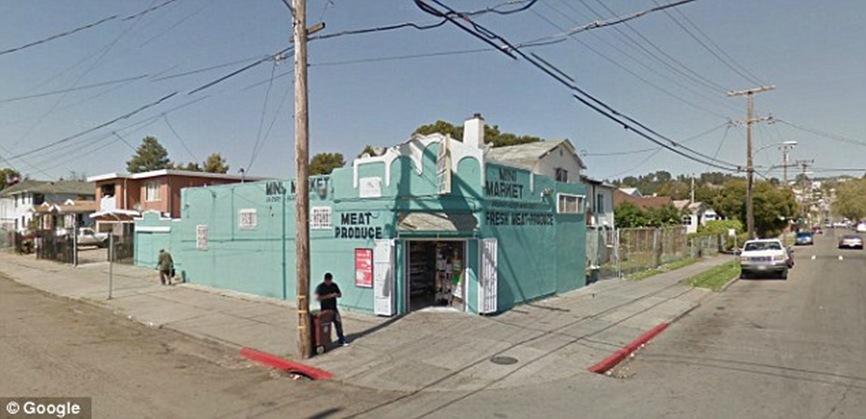 The shooting started outside this bodega in a residential neighbourhood of East Oakland California