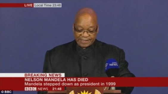 The BBC interrupted programmes on it's channels so that Jacob Zuma could announce that the 'secular saint' had died.