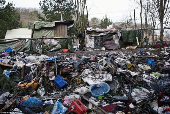 A Roma caravan site in Hogdalen near Stockholm, Sweden, that is home to six caravans and numerous other shacks, pictured