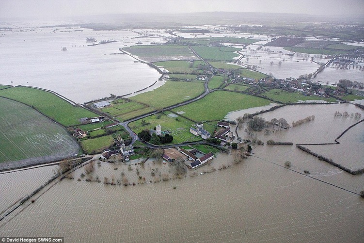 An aerial view of Muchelney in Somerset, which has been cut off by the floods, as much of the UK continues to endure bad weather and flooding