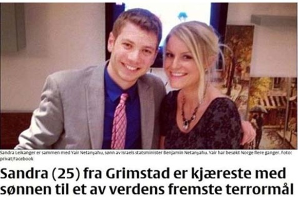 The caption under the image reads according to Google Translate Sandra from Grimstad, and her Dearest, the son of one of the world's foremost terrorists.