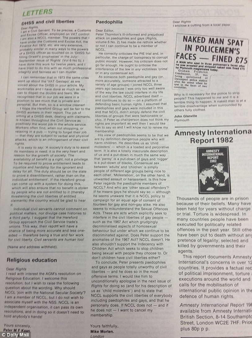 The autumn 1982 edition of Rights, the in-house magazine of the NCCL. Self-confessed paedophile Mike Morten's letter was published on page 9