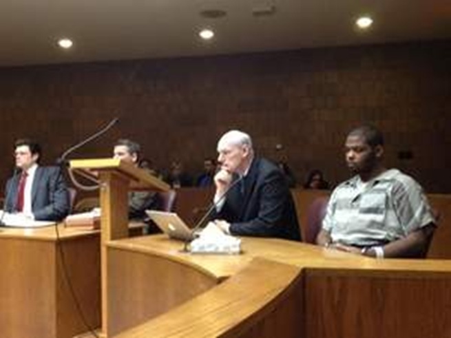 Terrence Miller, at far right, in 55th District Court today for a preliminary hearing.