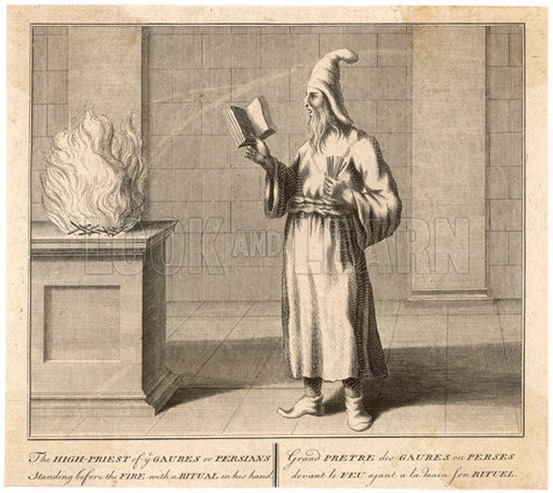 The High Priest of the 'Gaures'or Zoroastrians, the remants of the ancient fire worshippers of Persia, reciting from his ritual before the sacred fire. Date early 19th century.