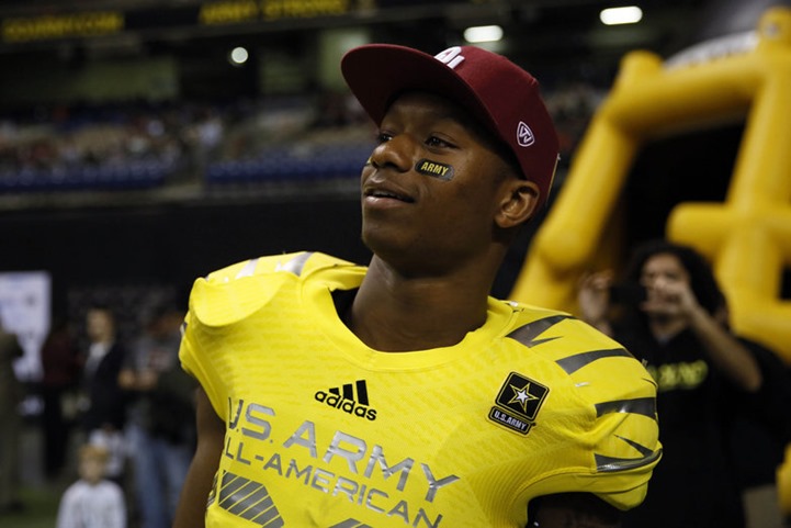 Jan 4, 2014; San Antonio, TX, USA; West running back Joe Mixon (28) watches from the sidelines during U.S. Army All-American Bowl high school football game at the Alamodome. The West won 28-6. Mandatory Credit: Soobum Im-USA TODAY Sports