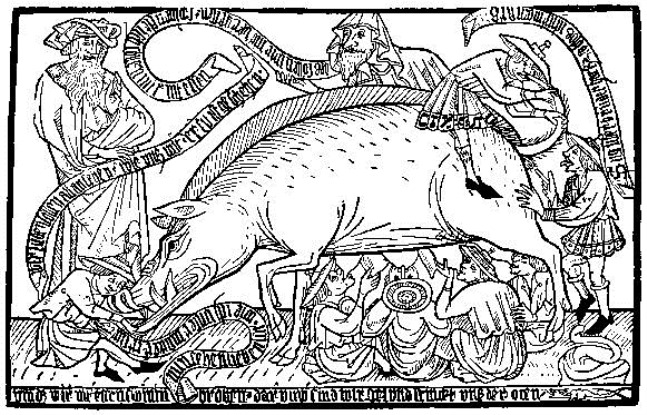 jewish-scholars-wearing-pointed-hats-are-suckled-by-their-wetnurse-the-devils-pig-from-the-earliest-extant-anti-semetic-broadside-germany-1475