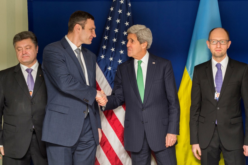 Ukrainian President Petro Poroshenko, Kiev Mayor Vitali Klitschko, US Secretary of State John Kerry and Ukrainian President Arseniy Yatsenyuk.  It is entirely coincidental that all four of these men are Jews.  Seriously. This is not some sort of a pattern.