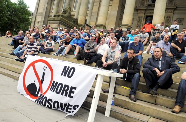  Bryn Morgan adresses the rally in Victoria Square Bolton, tp protest about a  proposed mosque in Astley Bridge.Photo by Steve Holt Newsquest Bolton Ltd, Sunday June 29 2014.