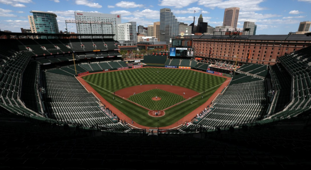 April 29, Baltimore: In the background, skyscrapers built by white people for a much different civilization than the one responsible with forcing Major League Baseball to have an empty stadium game...