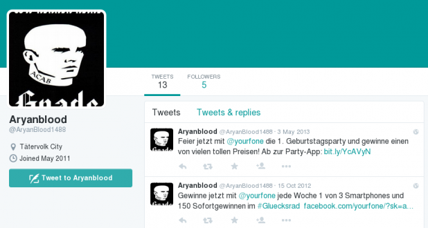 There is also a Twitter handle called "@AryanBlood1488" which belongs to a German who joined Twitter in 2011 (before Roof states in his manifesto that he was aware of the Black problem), and hasn't posted since May of 2013. It's a very generic "White power" type handle.