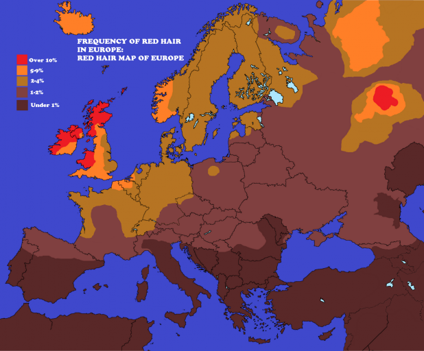 Frequency of red hair in Europe