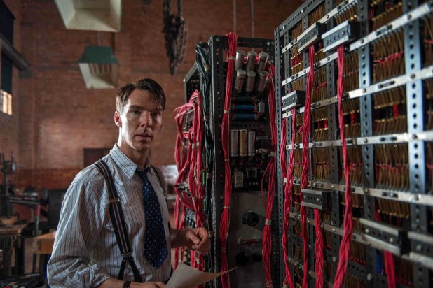 Benedict Cumberbatch as Turing beside the machine he “invents and builds” to break the Enigma code