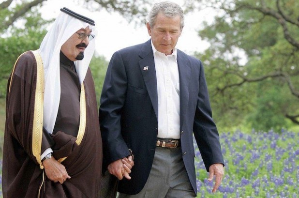 George Bush and King Abdullah on a walk in the park, looking for a nice place to sit down and talk for a while.