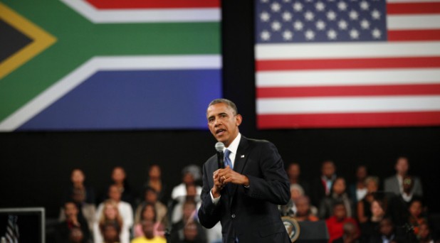 U.S. President Barack Obama delivers remarks and takes questions at a town hall meeting with young African leaders at the University of Johannesburg Soweto campus, South Africa, Saturday June 29, 2013.(AP Photo/Jerome Delay)