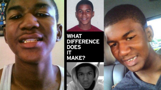 The media used child pictures of Trayvon (center) instead of current pictures, when portraying him as a "murdered child."