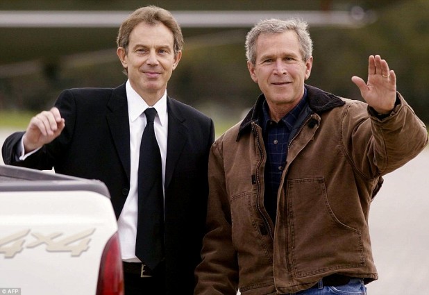 President George Bush and UK prime minister Tony Blair at the infamous 2002 summit at Bush's ranch house in Crawford, Texas