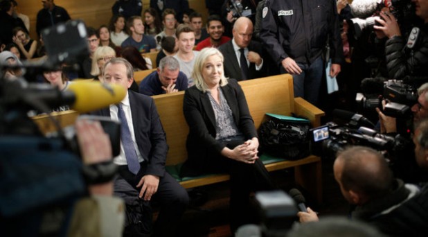 Marine Le Pen at court in Lyon--the current government of France has charged her with inciting religious hatred for speech she gave in 2010. 