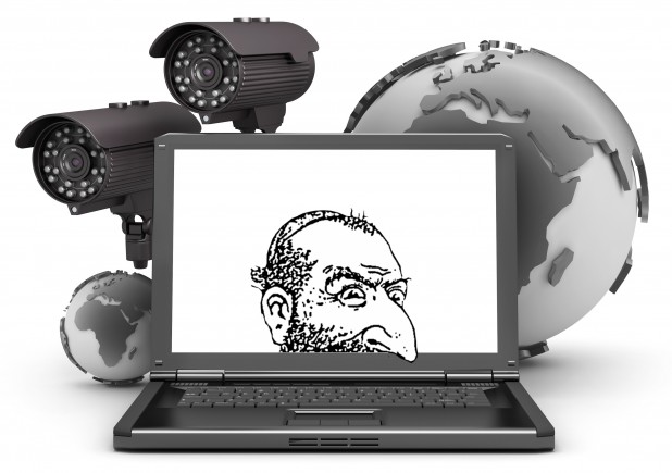 Security cameras, laptop and earth globe on white background