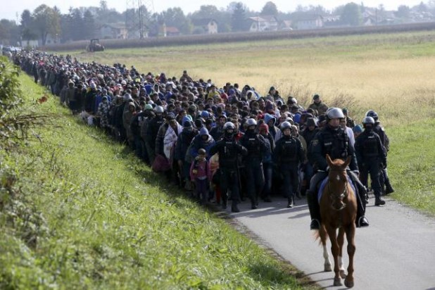 A mounted policeman leads a group of migrants near Dobova, Slovenia October 20, 2015. 