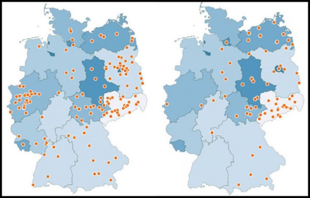 Left: All demonstrations reported to the police from January to November 2, 2015. Right all assualts reported to the police for the same period.