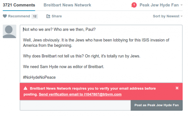 Back at Breitbart, you'll be automatically logged back in with the new account when you refresh the page, it will tell you to confirm the account