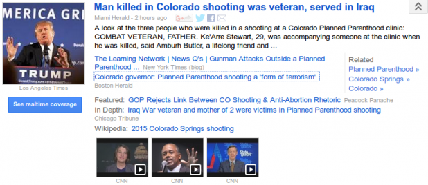 Gee, I wonder why Google News has a picture of Donald Trump next to a story about an abortion shooter?