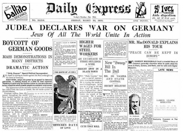 I would never even think to say that Jews getting stabbed by Palestinians was "payback" for their having declared war on Germany 80 years ago.