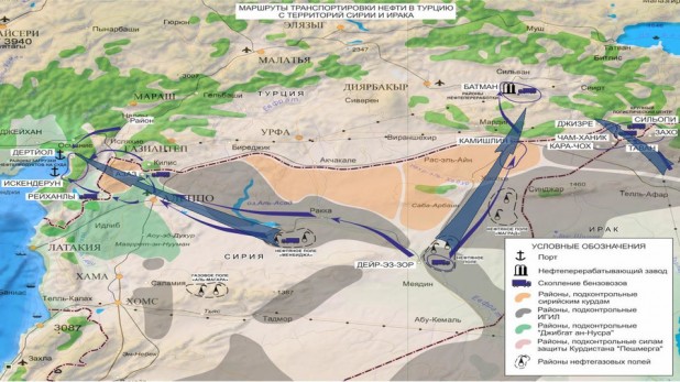  The routes of alleged oil smuggling from Syria and Iraq to Turkey © syria.mil.ru 