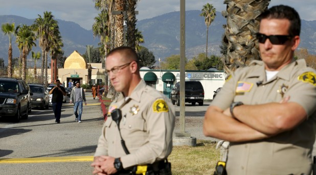 Dar Al Uloom Al Islamiyah-Amer mosque in San Bernardino: These White cops are protecting the place where the terrorist mass-murderers worshiped Allah. Because if you're going to kill us, at least let us protect you.