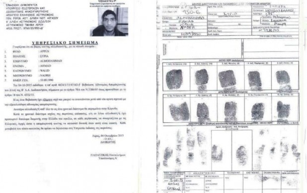 The fingerprints and police registration form for one of the Paris suicide bombers. He was registered in early October on the island of Leros, entering the country with a forged passport as part of the wave of refugees.