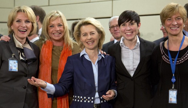 NATO's defense ministers: From left, defense ministers, Albania's Mimi Kodheli, Netherland's Jeanine Hennis-Plasschaert, Germany's Ursula von der Leyen, Norway's Ine Marie Eriksen Soreide and Italy's Roberta Pinotti