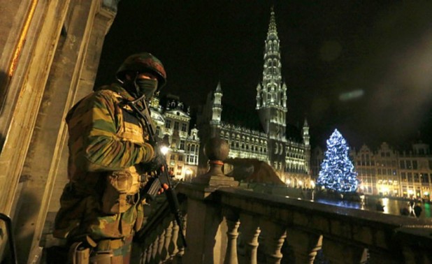 Brussels last week: Soldiers stand guard in the Jihadi capital of Europe, caused by mass nonwhite immigration into Europe.