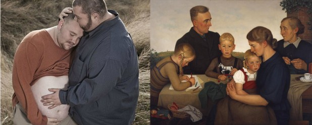 The image on the left is that of a pregnant woman suffering from the delusion that she is male. This “family” of the future is intended to achieve parity with, if not superiority over, the healthy family unit of old pictured on the right — the very key to our existence. 