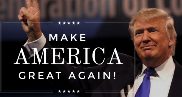  Presidential candidate Donald Trump with his campaign slogan