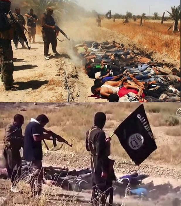 Two stills from the ISIS video of the Tikrit massacre. The two “asylum seekers” arrested in Finland this week were among the gunmen.