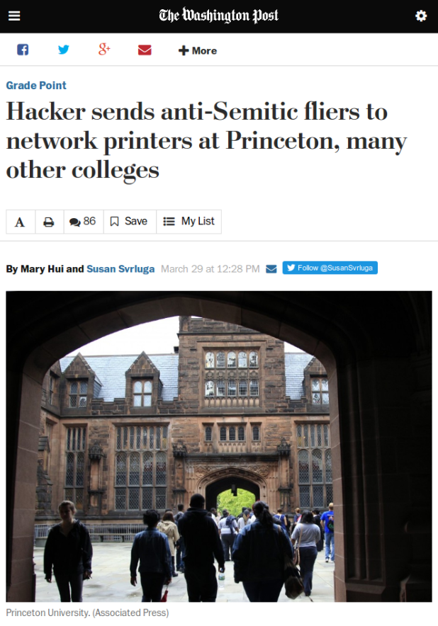 Hacker sends anti-Semitic fliers to network printers at Princeton, many other colleges - The Washington Post