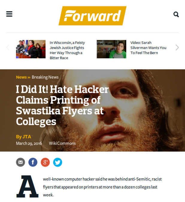 I Did It! Hate Hacker Claims Printing of Swastika Flyers at Colleges - Breaking News – Forward.com