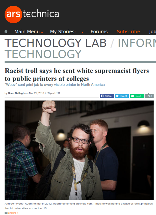 Racist troll says he sent white supremacist flyers to public printers at colleges | Ars Technica