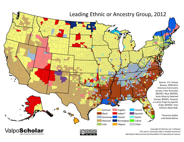 County-level map of ethnic/ancestry groups in the United States, 2012