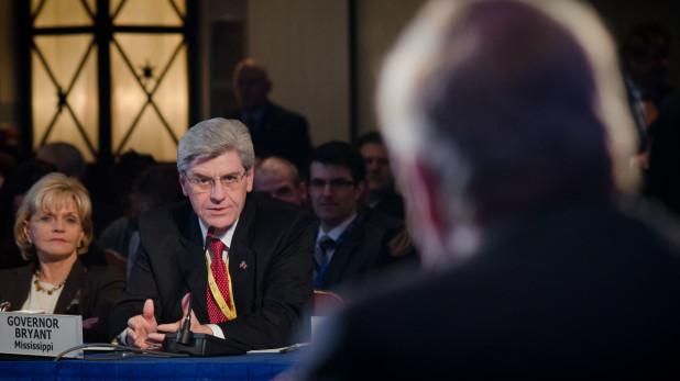 Mississippi - Governor Phil Bryant poses a question to Agriculture Secretary Tom Vilsack who was the guest speaker at the National Governors Association Education, Early Childhood and Workforce Committee in Washington, D.C., on Sunday, Feb. 26, 2012. USDA Photo by Lance Cheung.