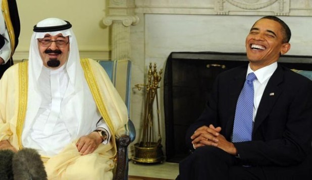 US President Barack Obama and Saudi King Abdullah share a laugh at a 2010 White House meeting.