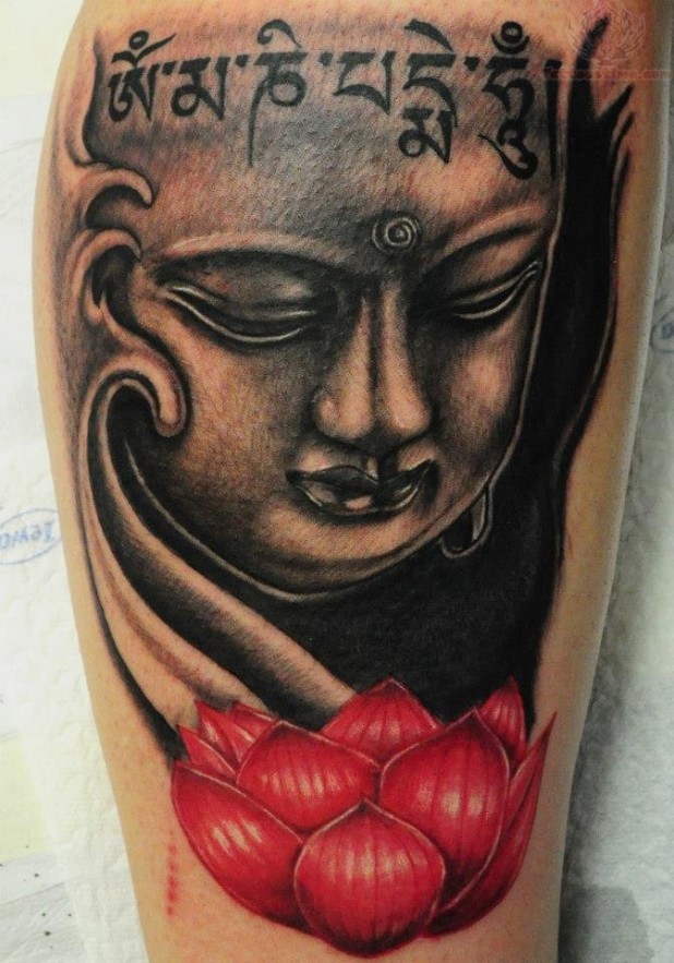 Lotus-Flower-And-Buddha-Tattoo-On-Leg