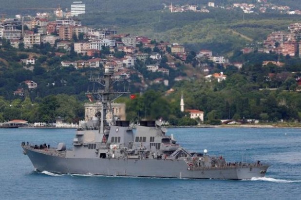 U.S. Navy guided-missile destroyer USS Porter sets sail in the Bosphorus, on its way to the Black Sea in Istanbul