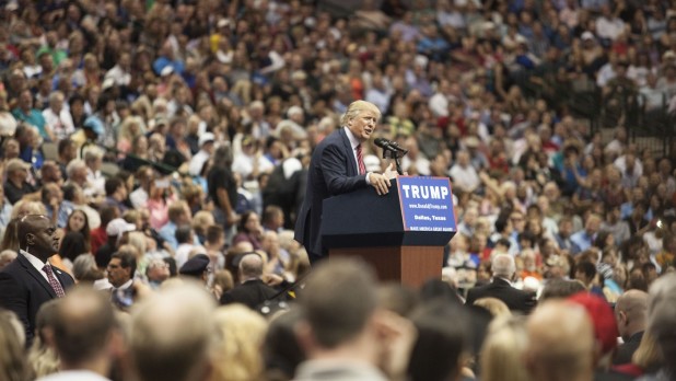 U.S. Republican presidential candidate Donald Trump speaks during a campaign rally at the American Airlines Center in Dallas Monday