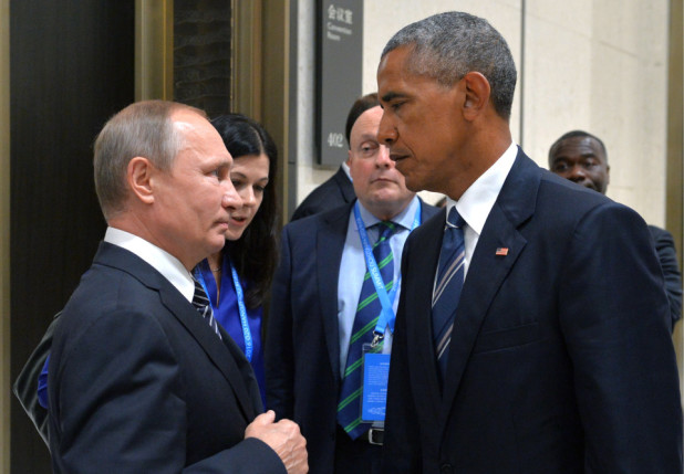 HANGZHOU, CHINA SEPTEMBER 5, 2016: Russia's President Vladimir Putin (L) and US President Barack Obama meet on the sidelines of the G20 summit. Alexei Druzhinin/Russian Presidential Press and Information Office/TASS (Photo by Alexei DruzhininTASS via Getty Images)