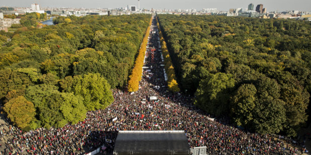BERLIN, GERMANY - OCTOBER 10: More than 100.000 protesters gather to demonstrate against the TTIP and CETA trade accords on October 10, 2015 in Berlin, Germany. Tens of thousands took to the streets in Berlin to protest against TTIP (Transatlantic Trade and Investment Partnership) and CETA (Comprehensive Economic and Trade Agreement), both of them trade agreements currently under negotiation between the USA for TTIP and Canada for CETA with the European Union. Critics in Germany oppose the accords for a number of reasons, including fears over genetically-modified foods, environmental standards, workers' rights and pharmaceuticals. Photo by Axel Schmidt/Getty Images